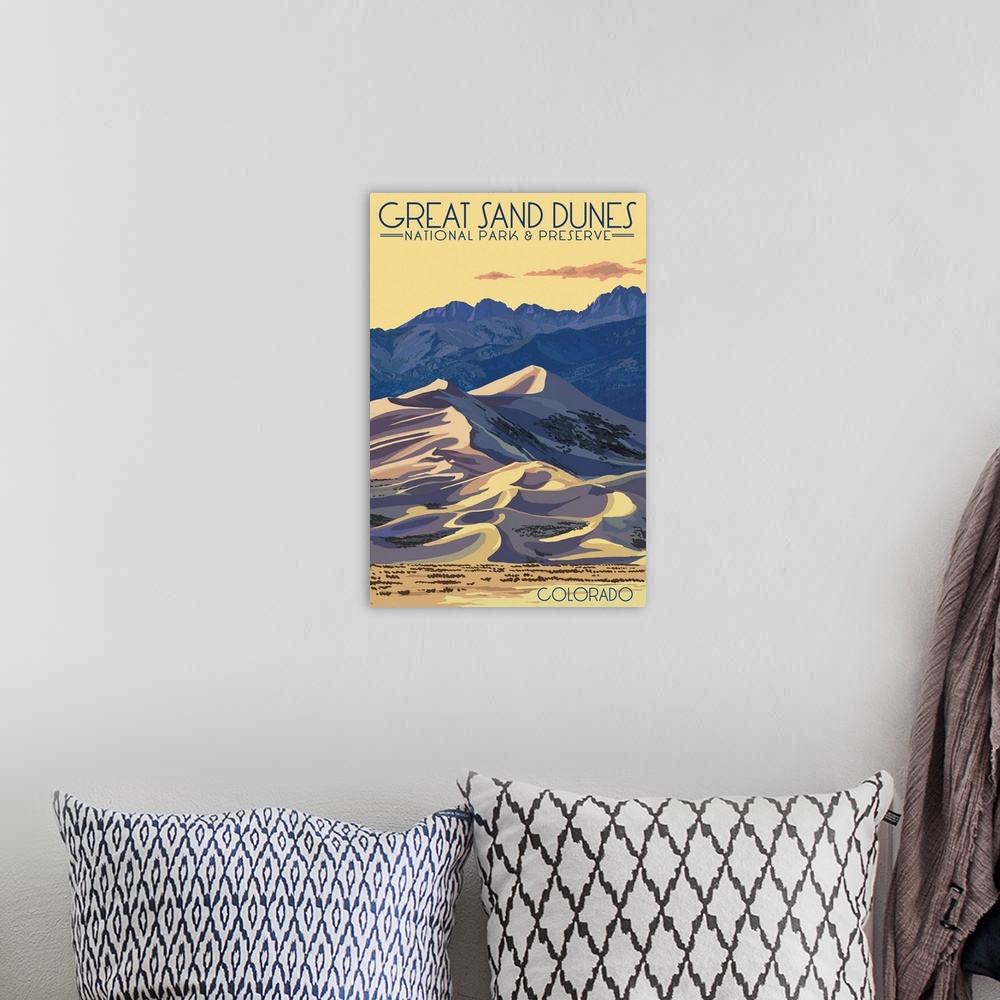 A bohemian room featuring Great Sand Dunes National Park, Natural Landscape: Retro Travel Poster