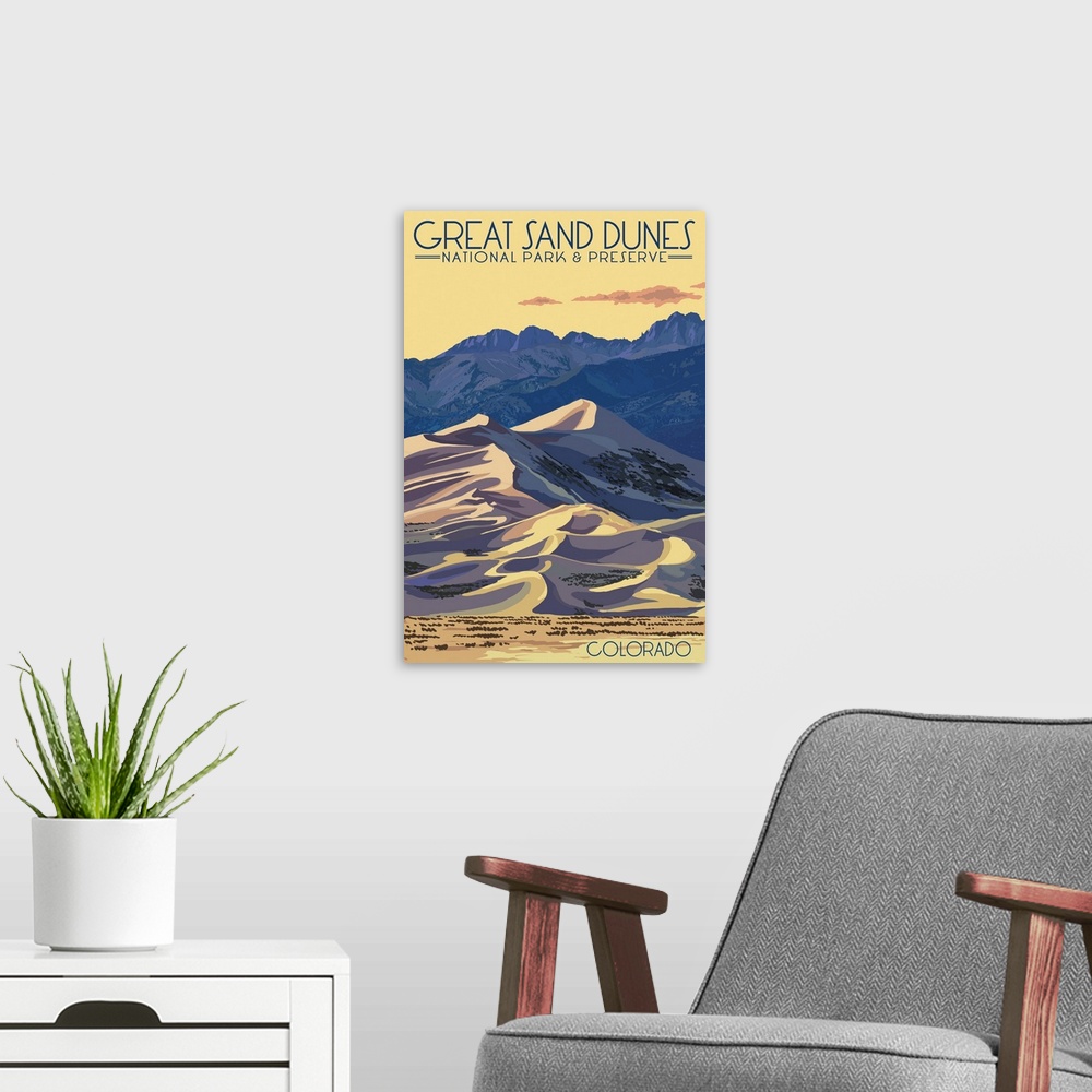 A modern room featuring Great Sand Dunes National Park, Natural Landscape: Retro Travel Poster