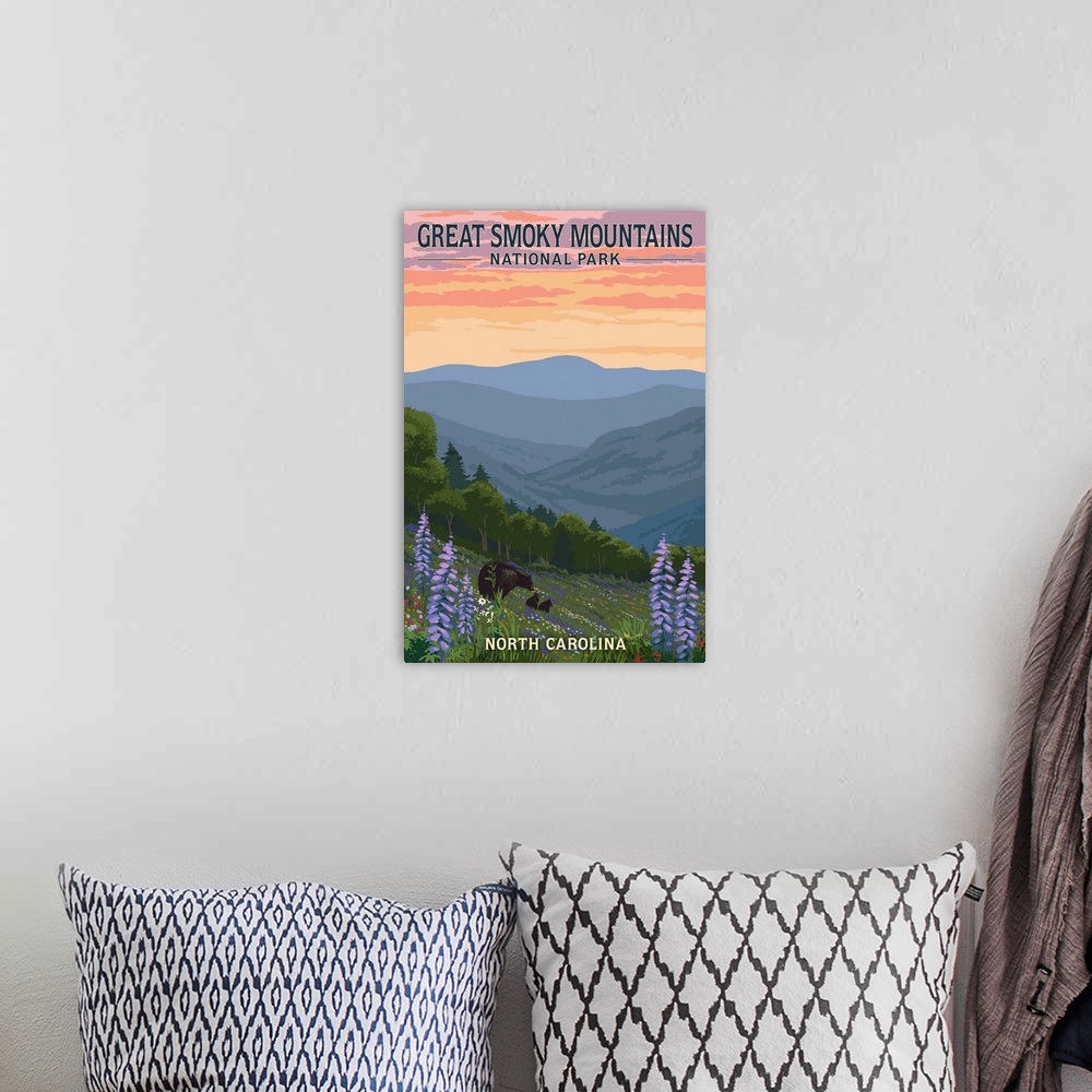 A bohemian room featuring Great Smoky Mountains National Park, Bear And Cubs: Retro Travel Poster