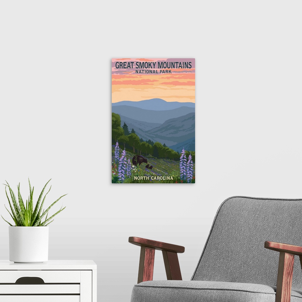 A modern room featuring Great Smoky Mountains National Park, Bear And Cubs: Retro Travel Poster