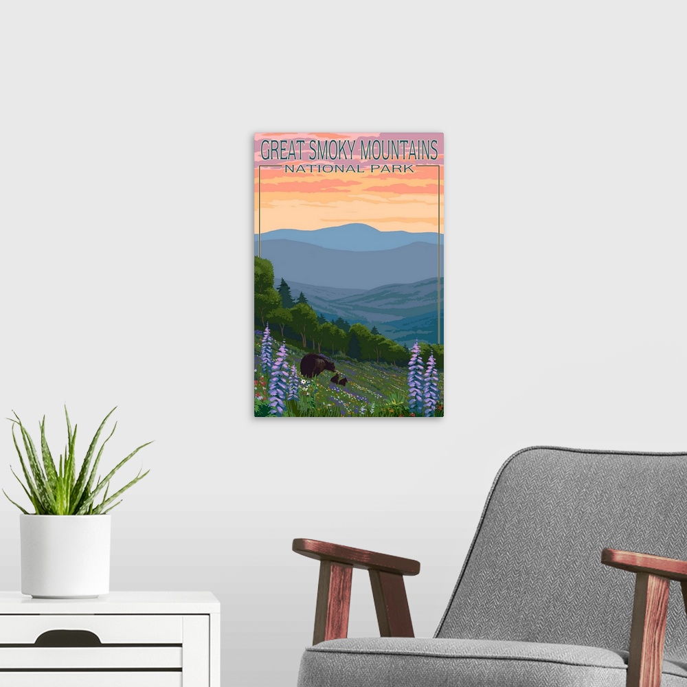 A modern room featuring Great Smoky Mountains National Park, Bear and Spring Flowers