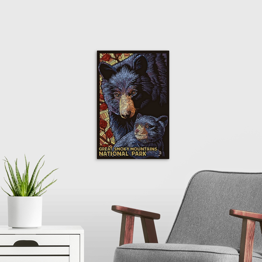 A modern room featuring Great Smoky Mountains National Park, Black Bears, Mosaic