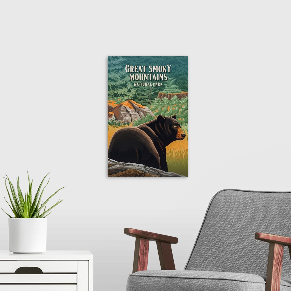 A modern room featuring Great Smoky Mountains National Park, Brown Bear: Retro Travel Poster