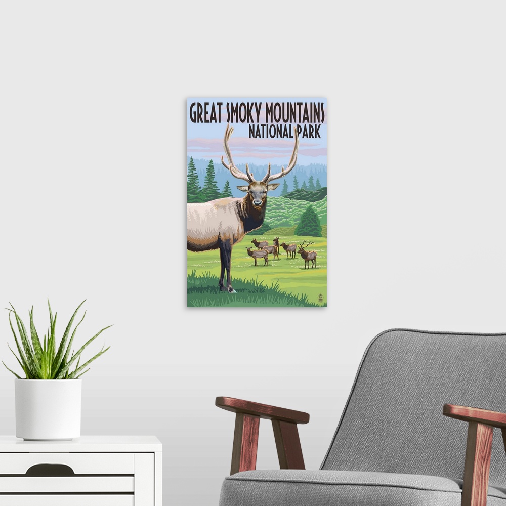 A modern room featuring Great Smoky Mountains National Park, Elk Herd