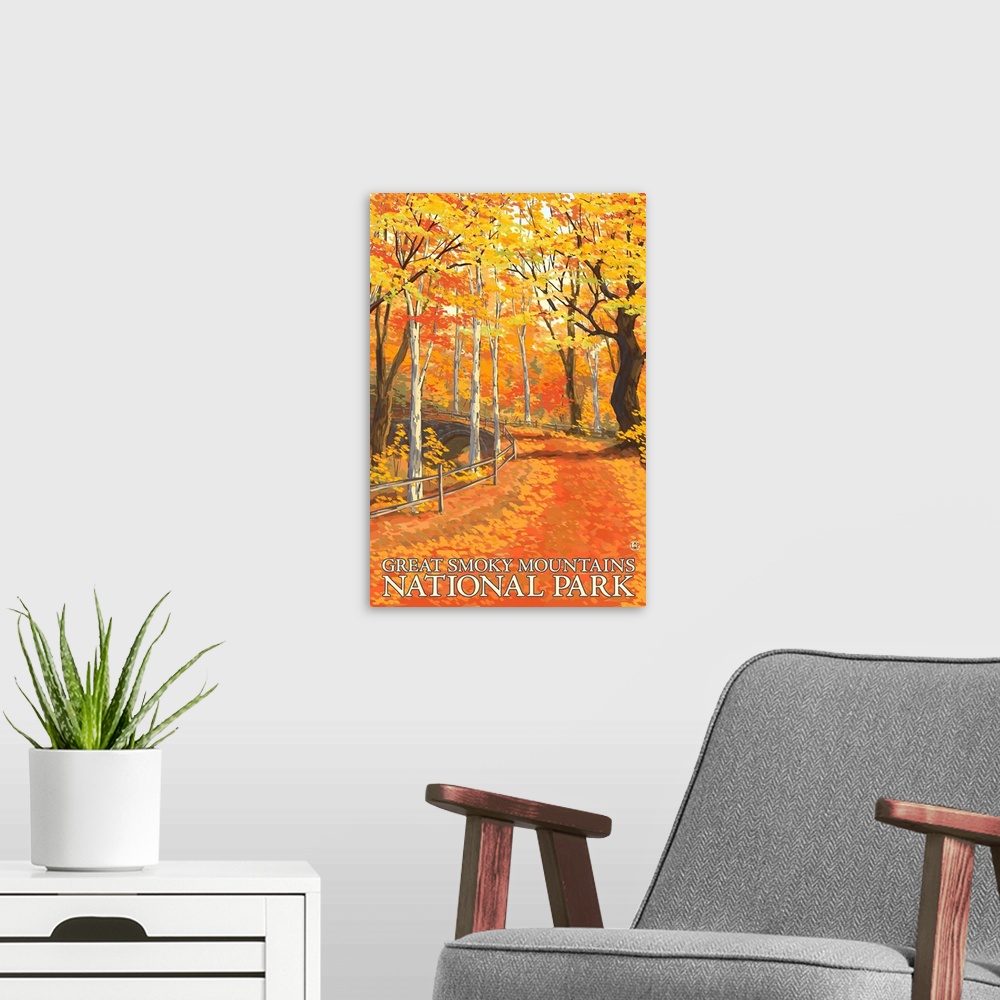 A modern room featuring Great Smoky Mountains National Park, Tennessee - Fall Colors: Retro Travel Poster