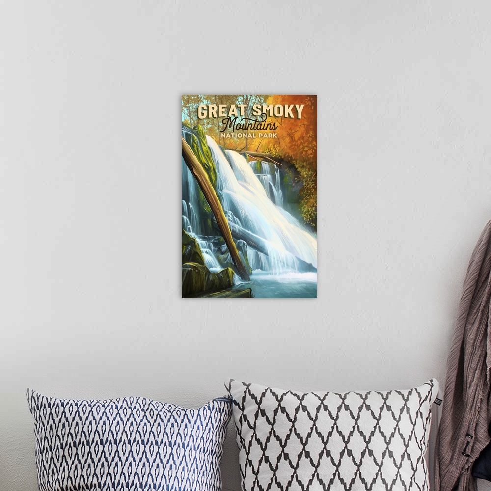 A bohemian room featuring Great Smoky Mountains National Park, Waterfall: Retro Travel Poster