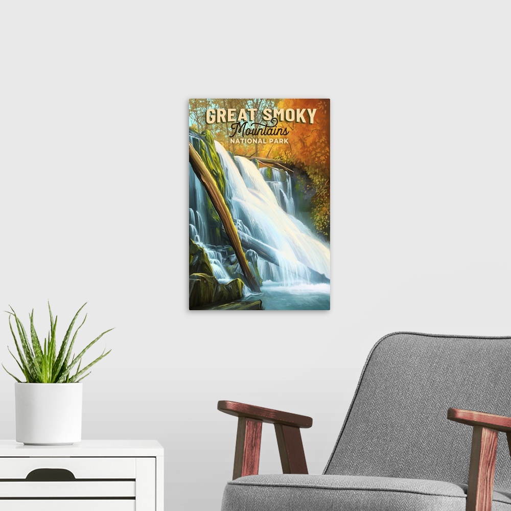 A modern room featuring Great Smoky Mountains National Park, Waterfall: Retro Travel Poster