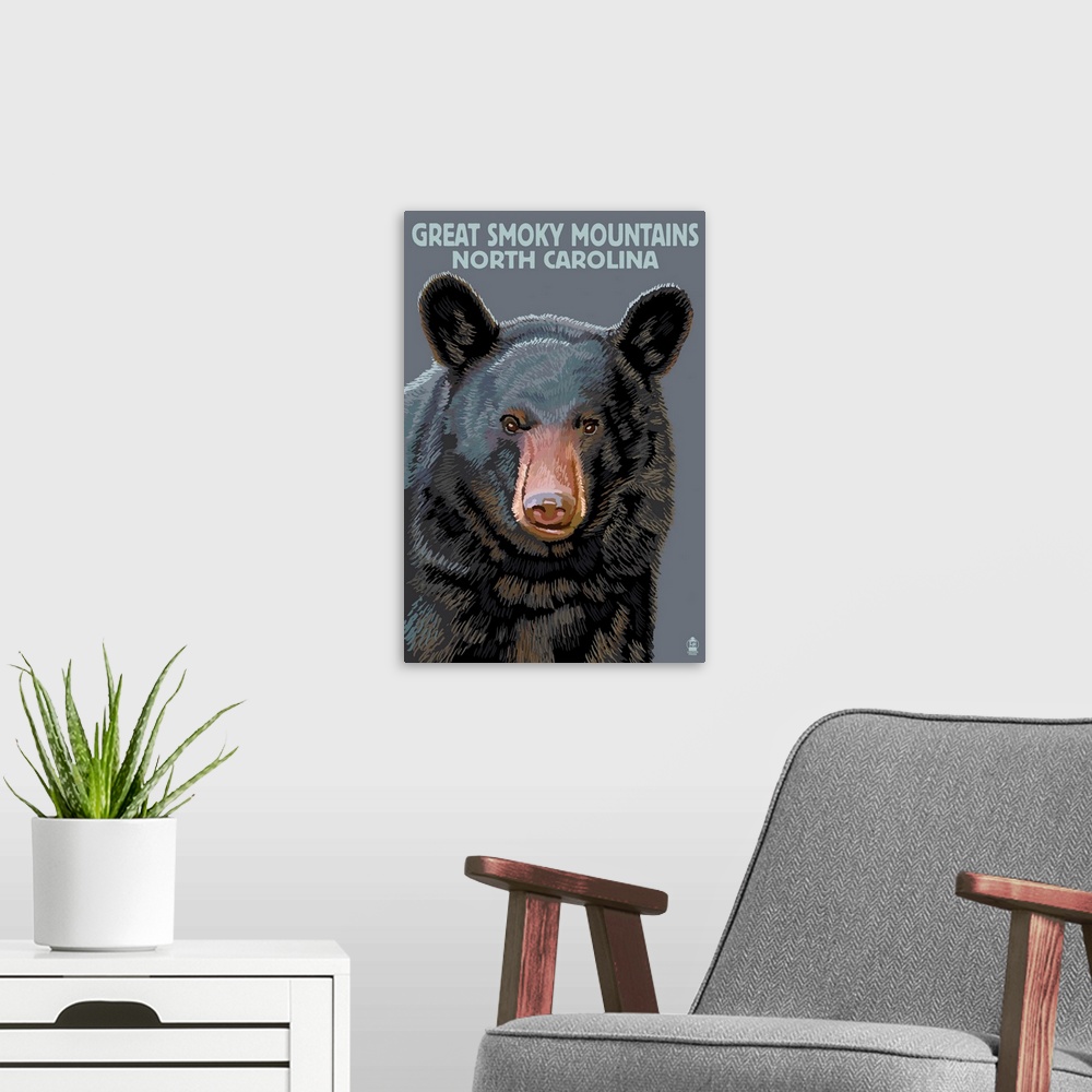 A modern room featuring Great Smoky Mountains, North Carolina - Black Bear Up Close: Retro Travel Poster