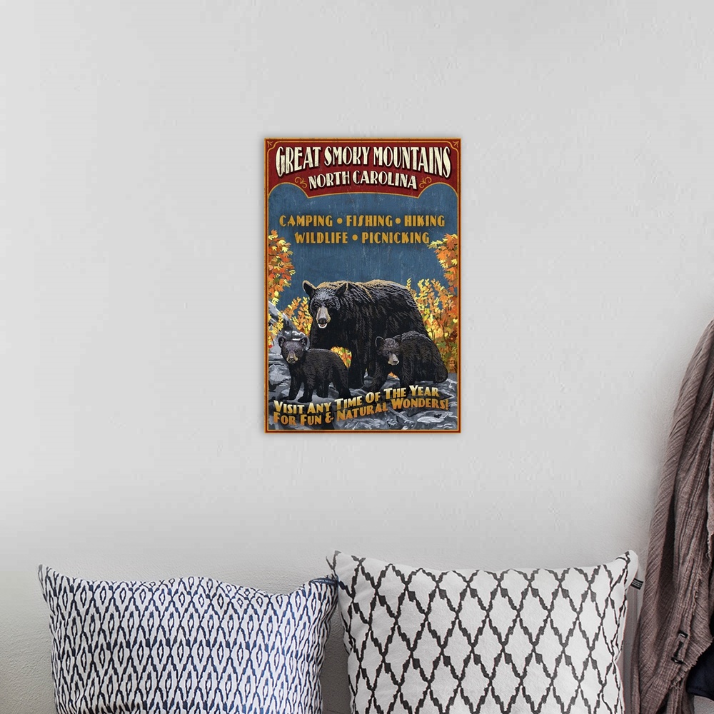 A bohemian room featuring Great Smoky Mountains, North Carolina - Black Bears Vintage Sign: Retro Travel Poster