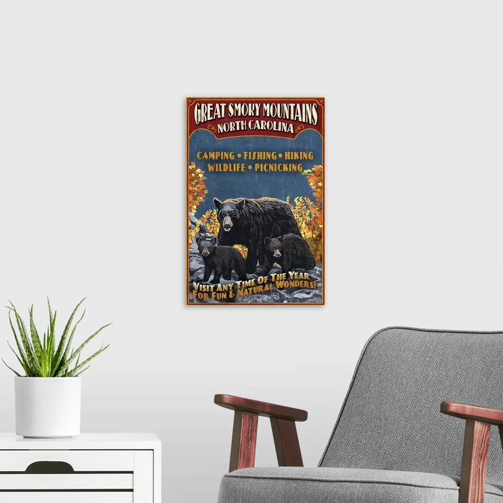 A modern room featuring Great Smoky Mountains, North Carolina - Black Bears Vintage Sign: Retro Travel Poster