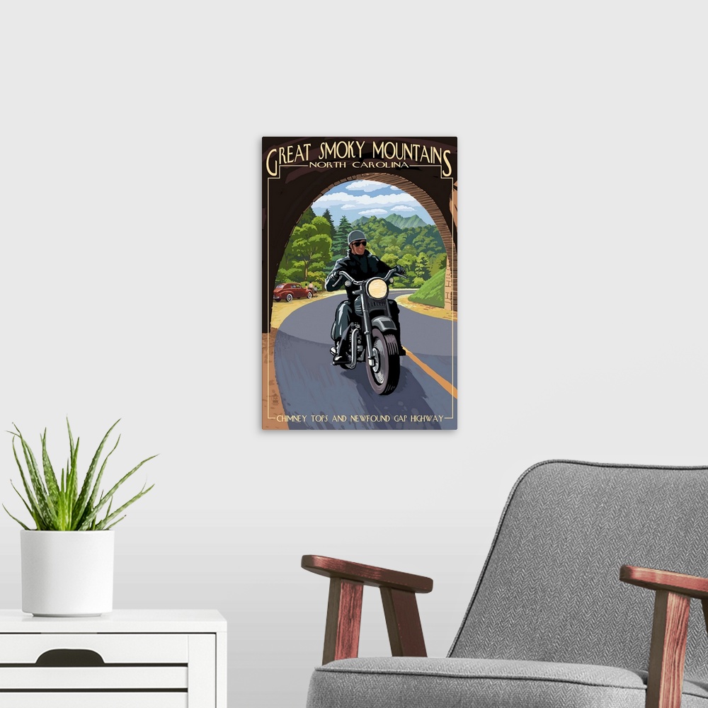 A modern room featuring Great Smoky Mountains, North Carolina - Motorcycle and Tunnel: Retro Travel Poster