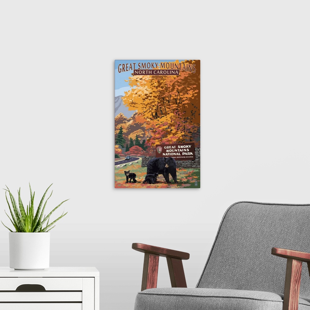 A modern room featuring Great Smoky Mountains - Park Entrance and Bear Family- : Retro Travel Poster