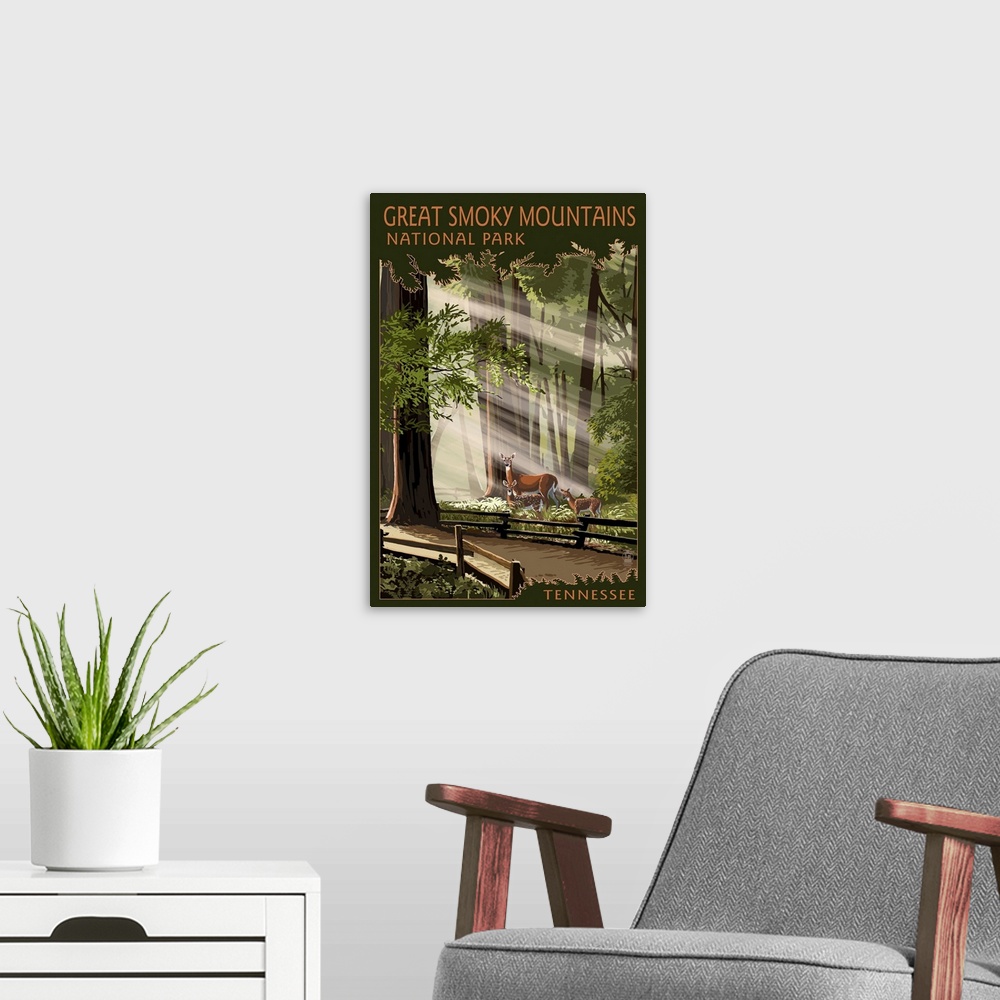 A modern room featuring Great Smoky Mountains, Tennessee - Pathway in Trees: Retro Travel Poster