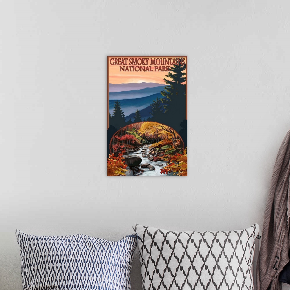 A bohemian room featuring Great Smoky Mountains - Waterfall: Retro Travel Poster