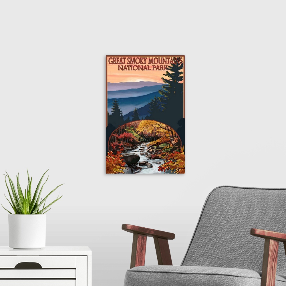 A modern room featuring Great Smoky Mountains - Waterfall: Retro Travel Poster