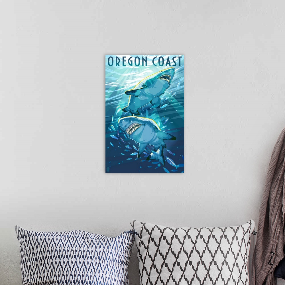 A bohemian room featuring Great White Shark - Oregon Coast: Retro Travel Poster