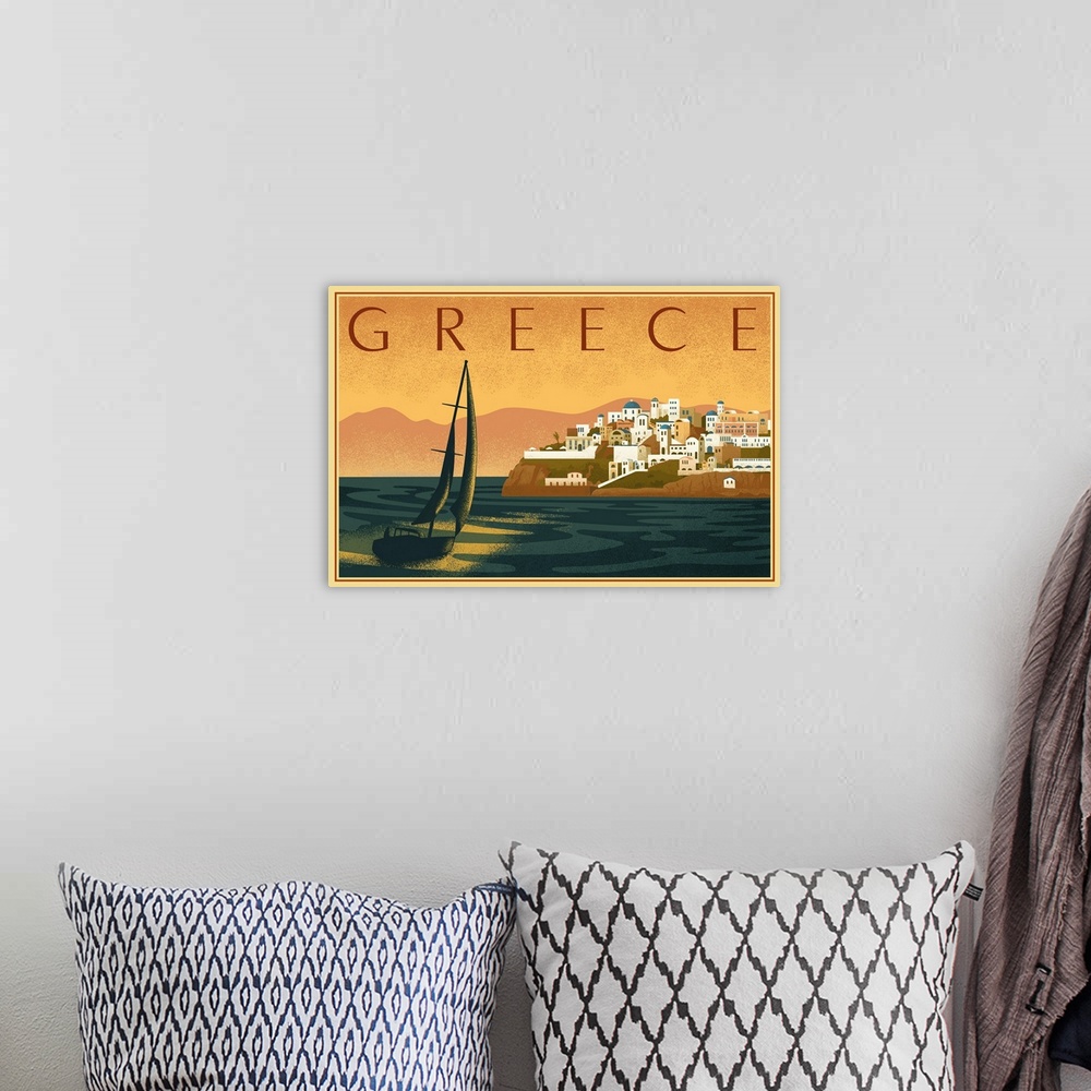 A bohemian room featuring Greece - City with Sailboat - Lithograph