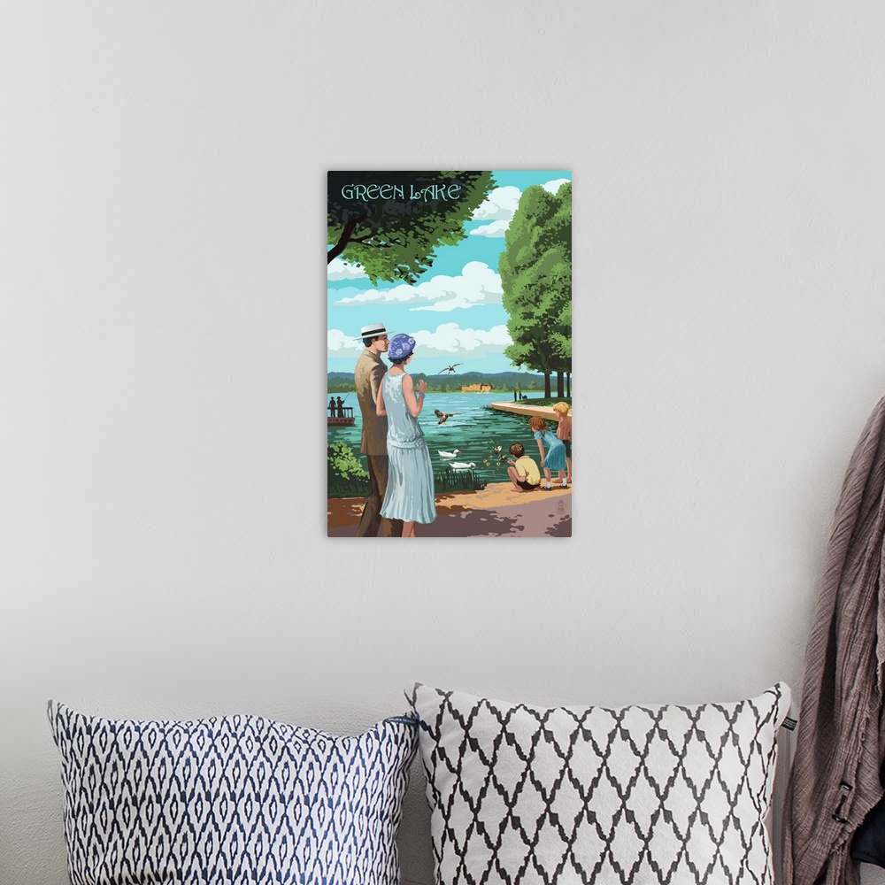 A bohemian room featuring Retro stylized art poster of a couple walking along a pathway, looking out at the lake.