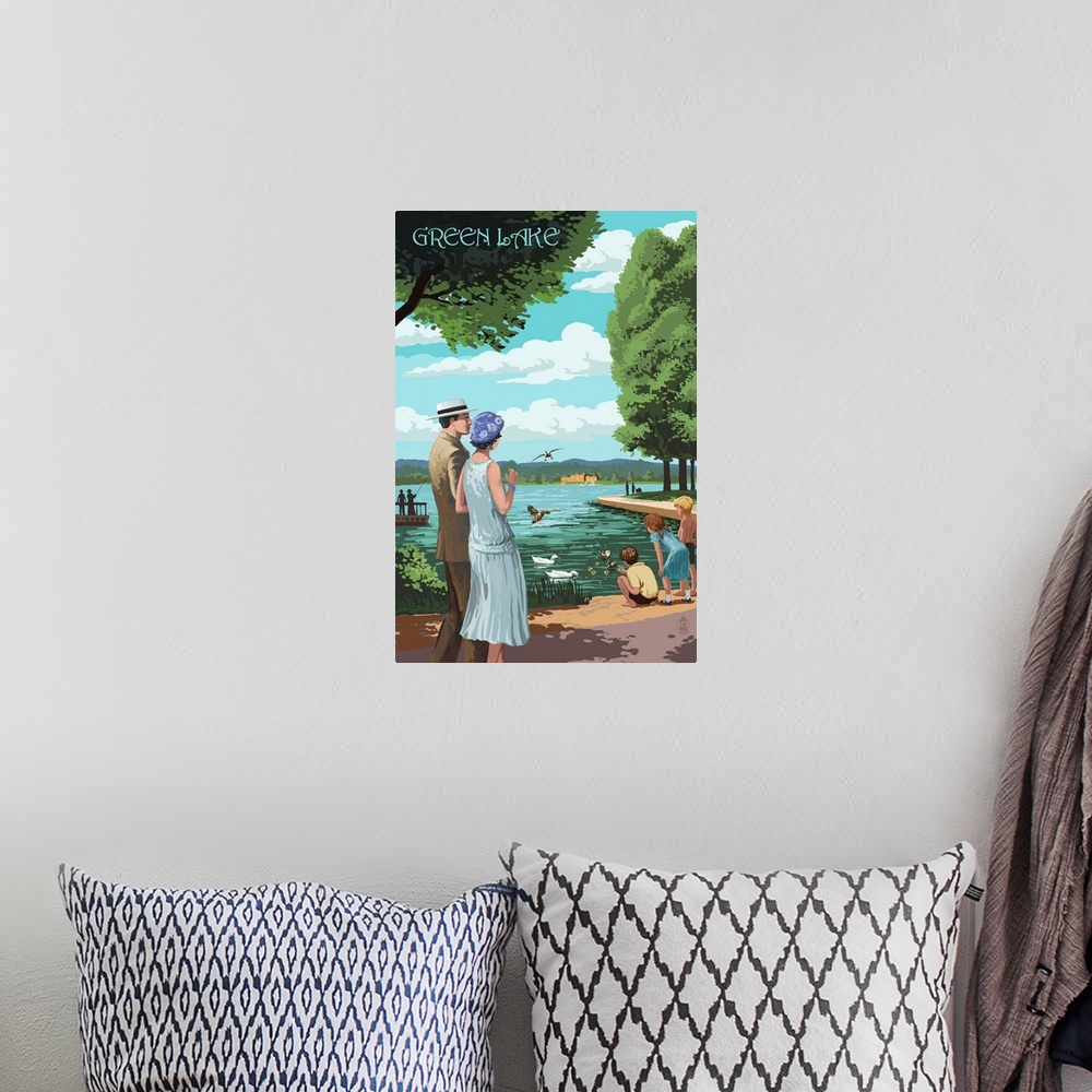 A bohemian room featuring Retro stylized art poster of a couple walking along a pathway, looking out at the lake.