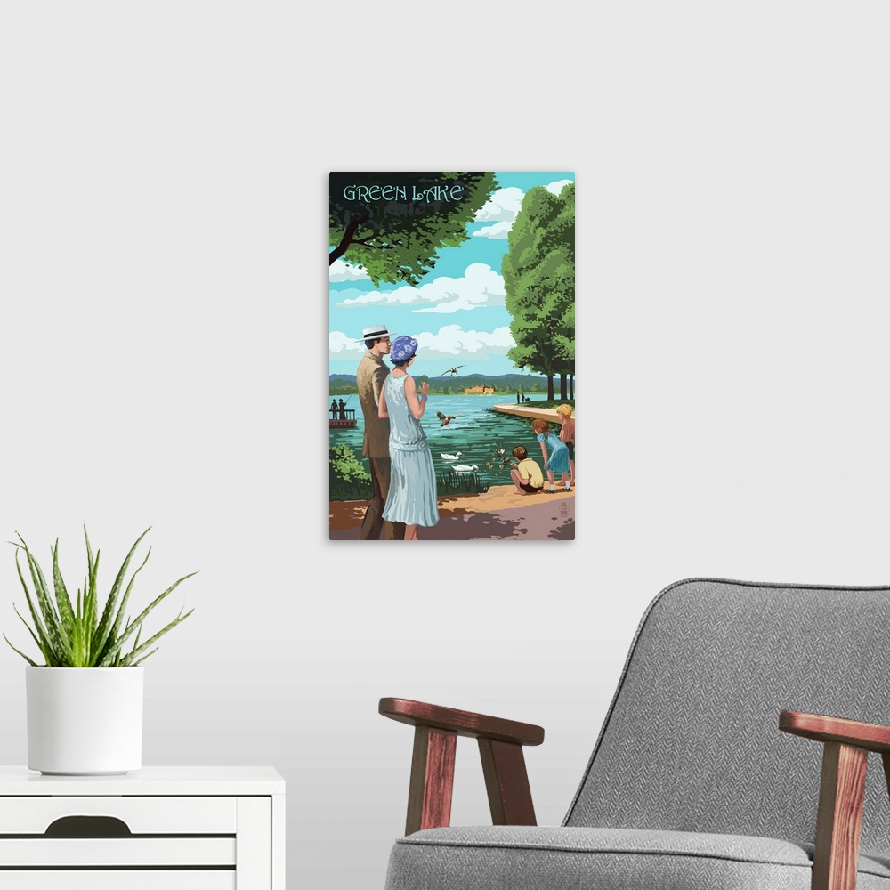 A modern room featuring Retro stylized art poster of a couple walking along a pathway, looking out at the lake.