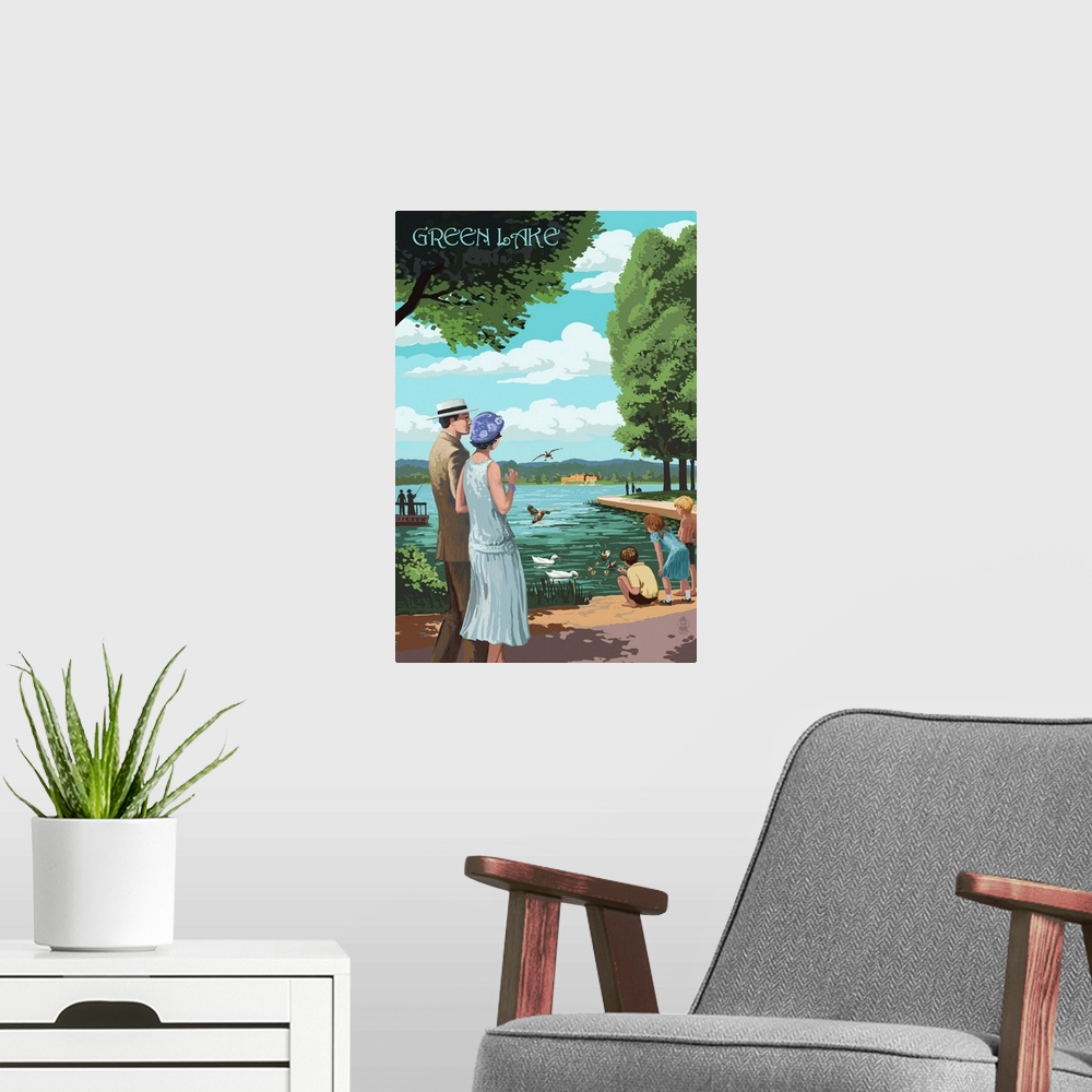A modern room featuring Retro stylized art poster of a couple walking along a pathway, looking out at the lake.