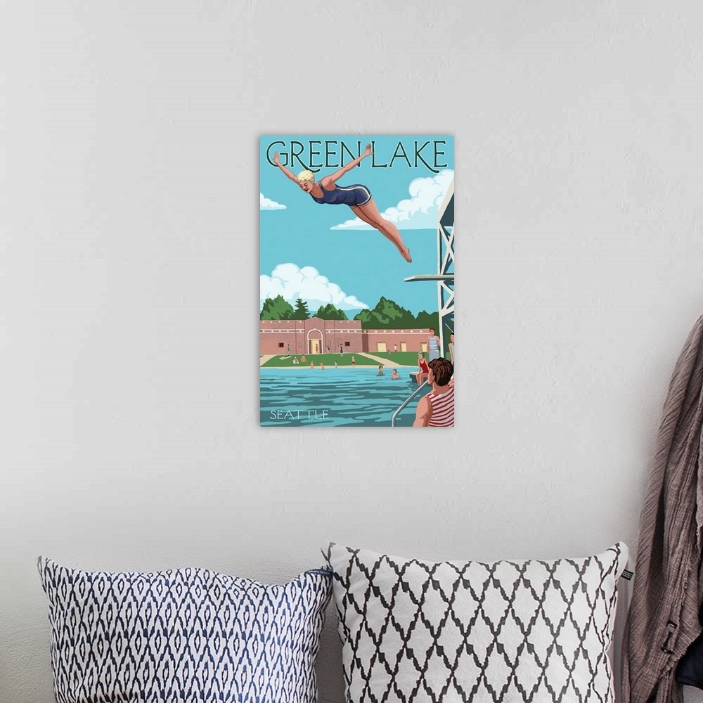 A bohemian room featuring Retro stylized art poster of a woman diving into a large swimming pool, from a diving board.