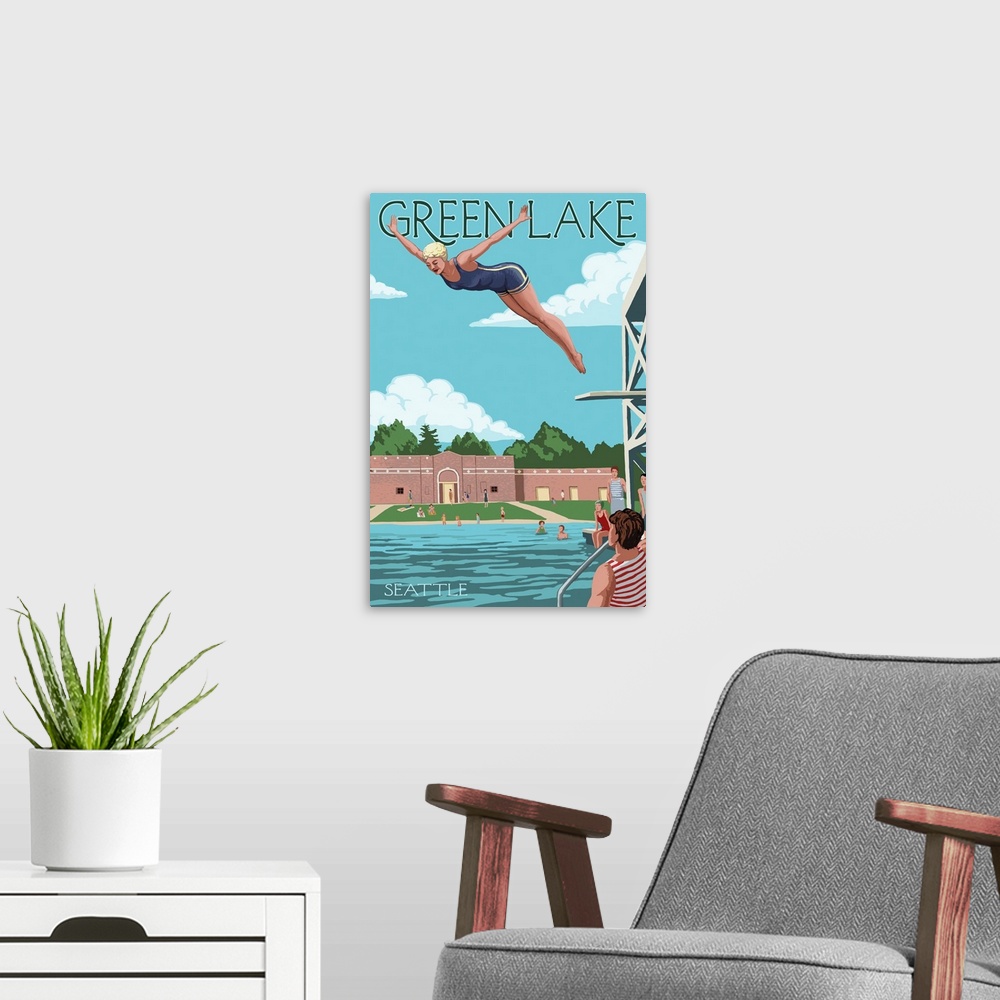 A modern room featuring Retro stylized art poster of a woman diving into a large swimming pool, from a diving board.