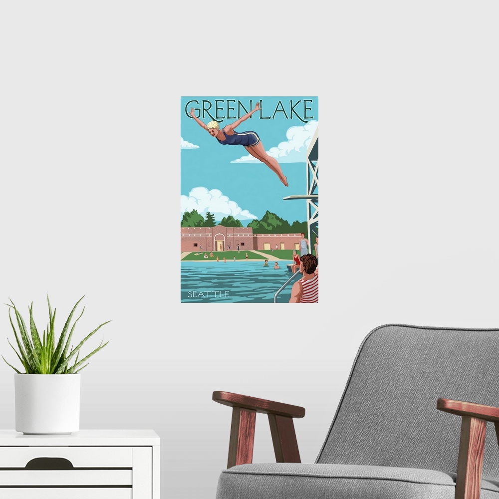 A modern room featuring Retro stylized art poster of a woman diving into a large swimming pool, from a diving board.