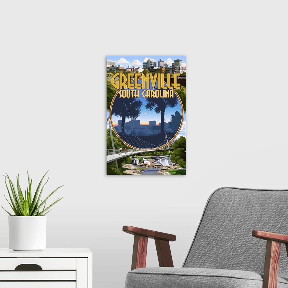 A modern room featuring Retro stylized art poster of a montage of images of a coastal city.