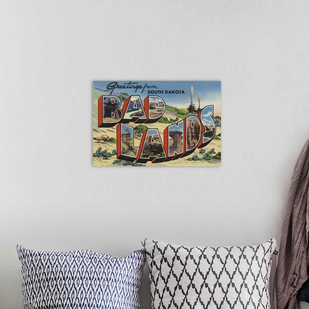 A bohemian room featuring Greetings from Badlands, South Dakota