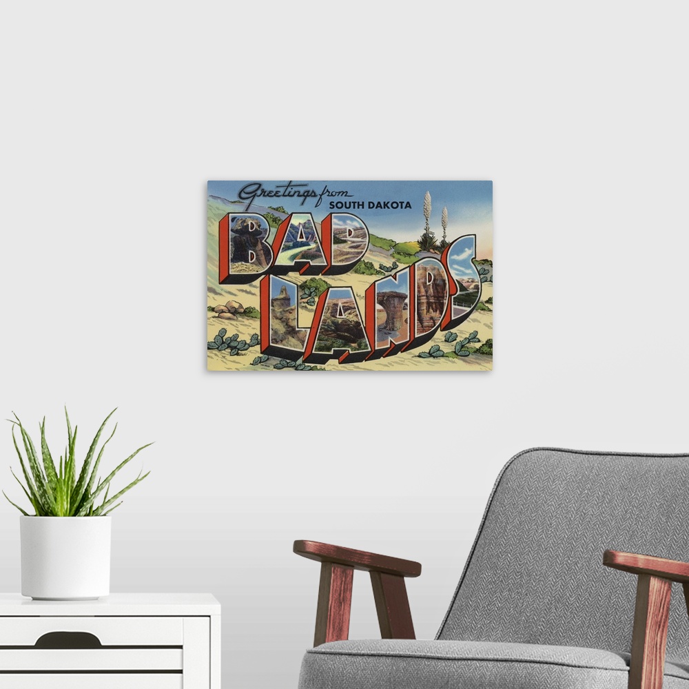 A modern room featuring Greetings from Badlands, South Dakota
