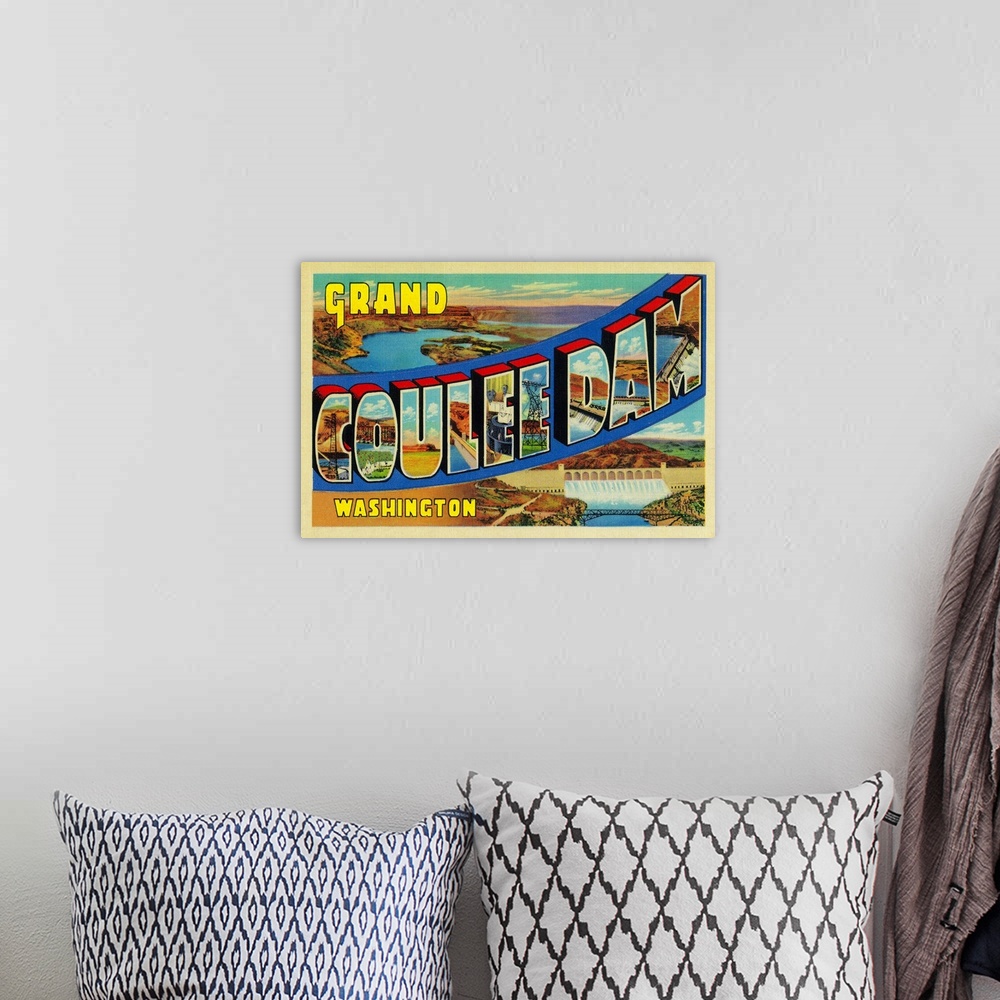 A bohemian room featuring Greetings from Grand Coulee Dam, Washington