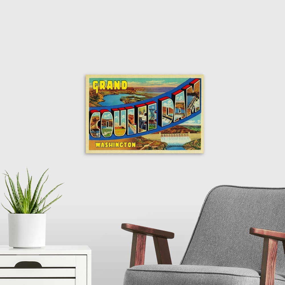 A modern room featuring Greetings from Grand Coulee Dam, Washington