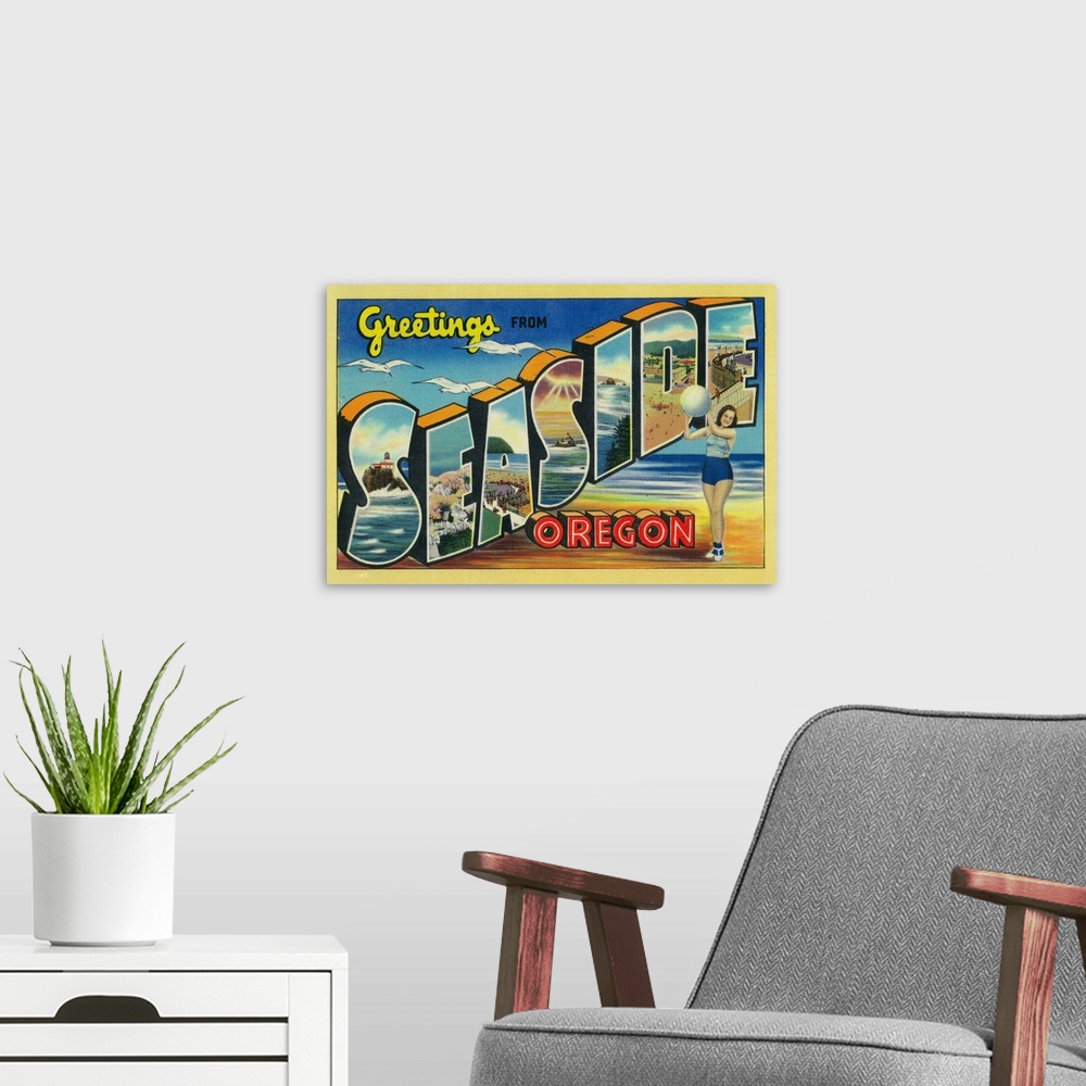 A modern room featuring Greetings from Seaside, Oregon