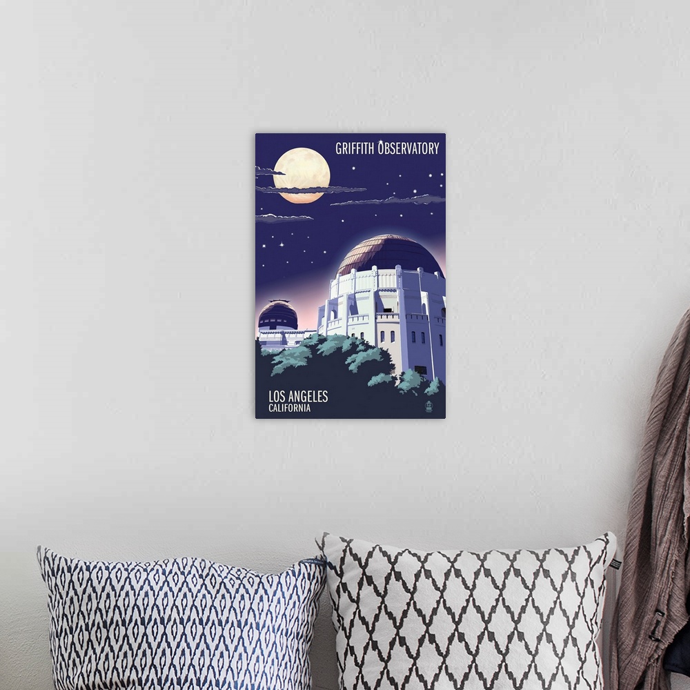 A bohemian room featuring Griffith Observatory at Night - Los Angeles, California: Retro Travel Poster