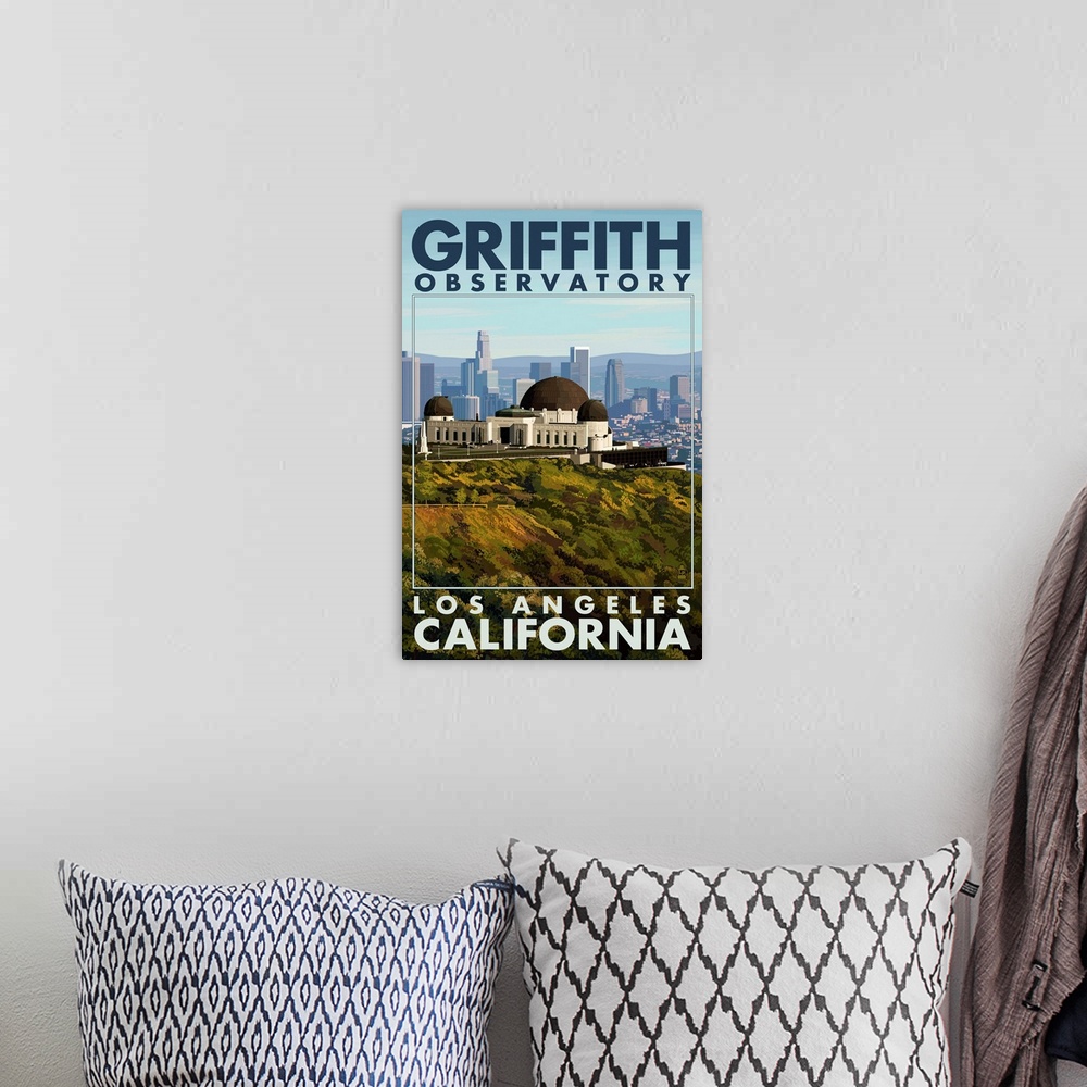 A bohemian room featuring Griffith Observatory Day Scene - Los Angeles, California: Retro Travel Poster