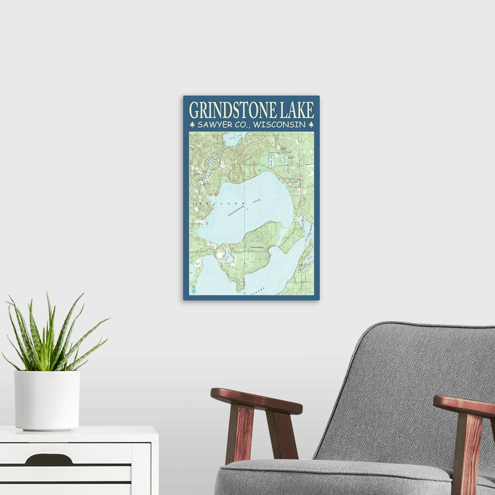 A modern room featuring Grindstone Lake Chart, Sawyer County, Wisconsin