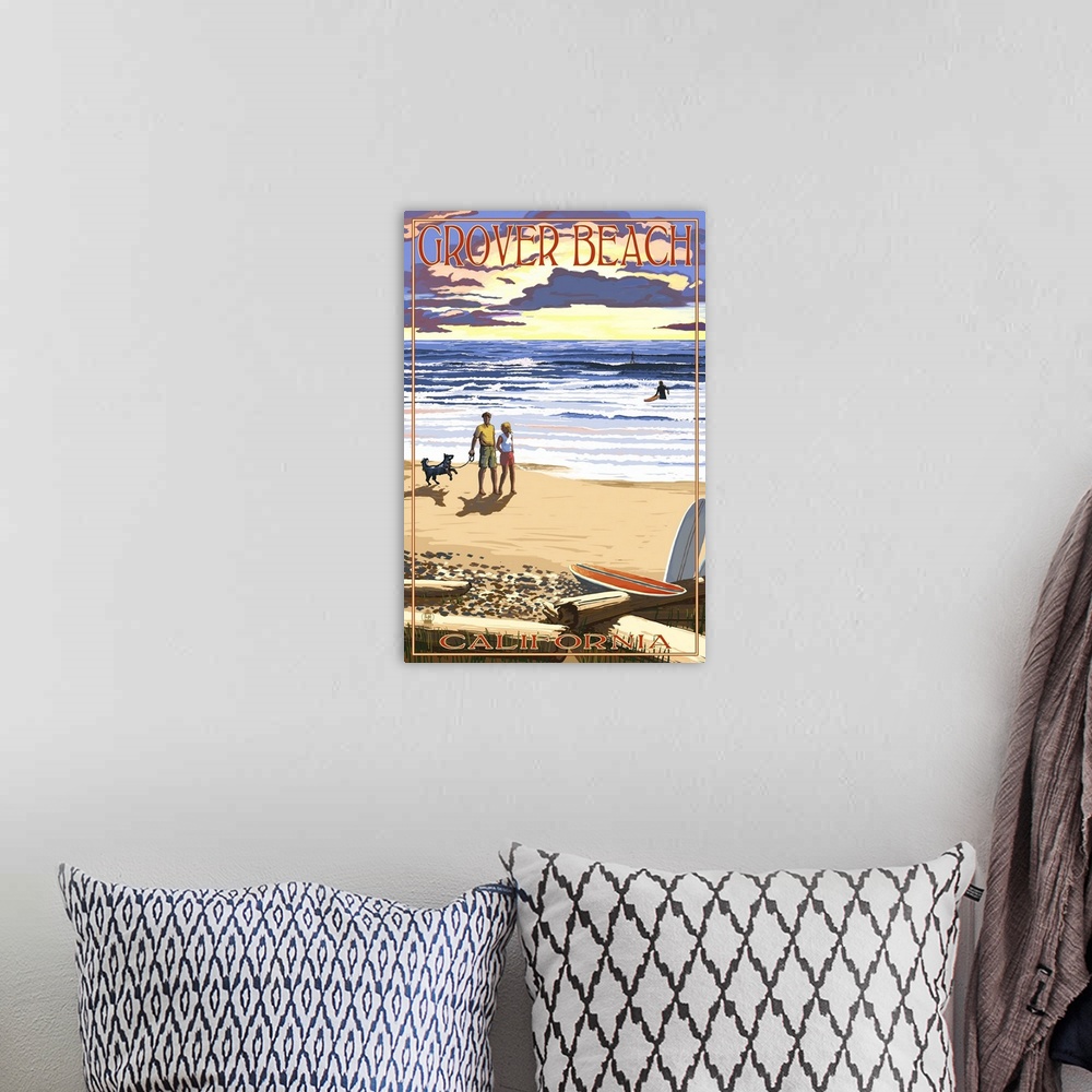 A bohemian room featuring Grover Beach, California - Sunset Beach Scene: Retro Travel Poster
