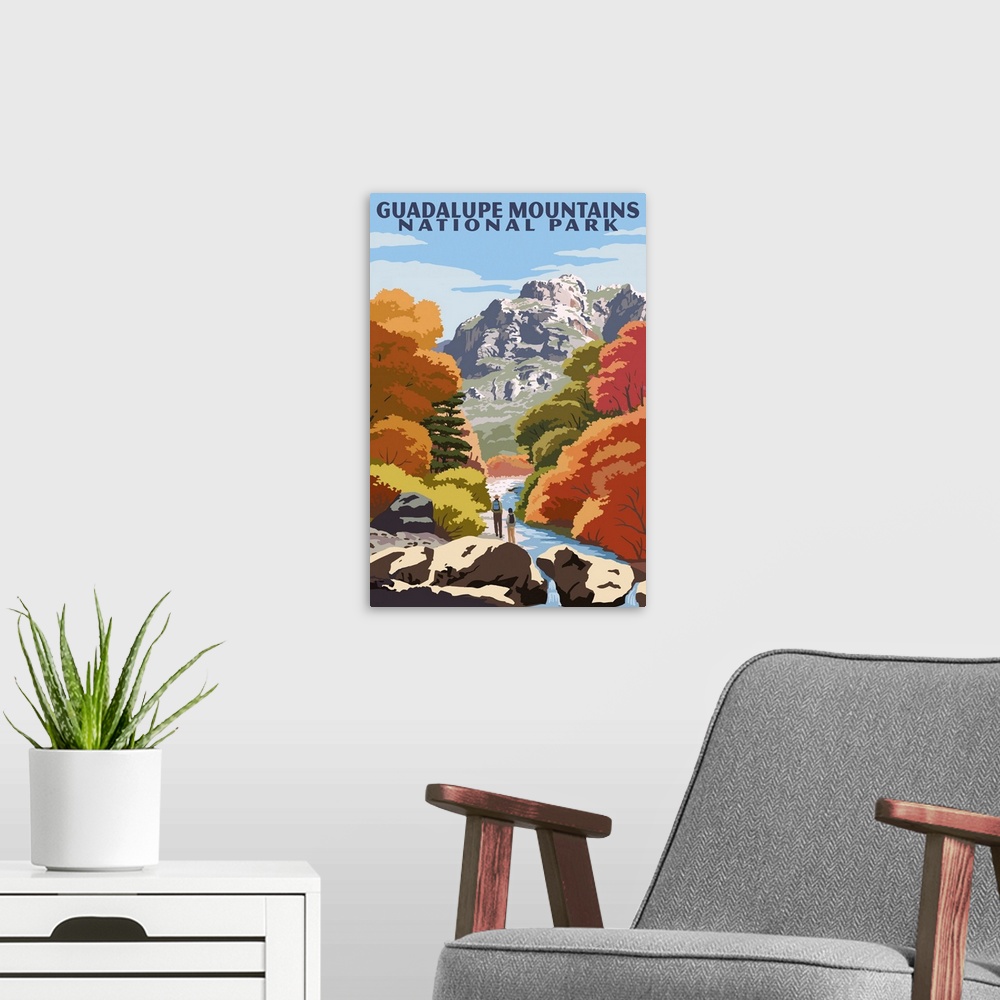 A modern room featuring Guadalupe Mountains National Park, Fall Hike: Retro Travel Poster
