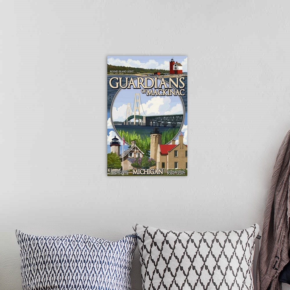 A bohemian room featuring Retro stylized art poster of various lighthouses, with a large suspension in the center of the im...