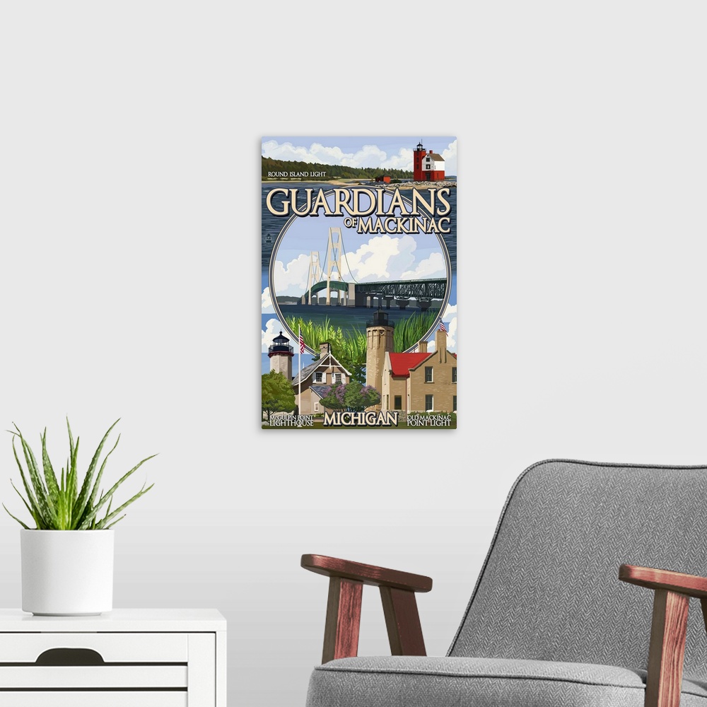 A modern room featuring Retro stylized art poster of various lighthouses, with a large suspension in the center of the im...