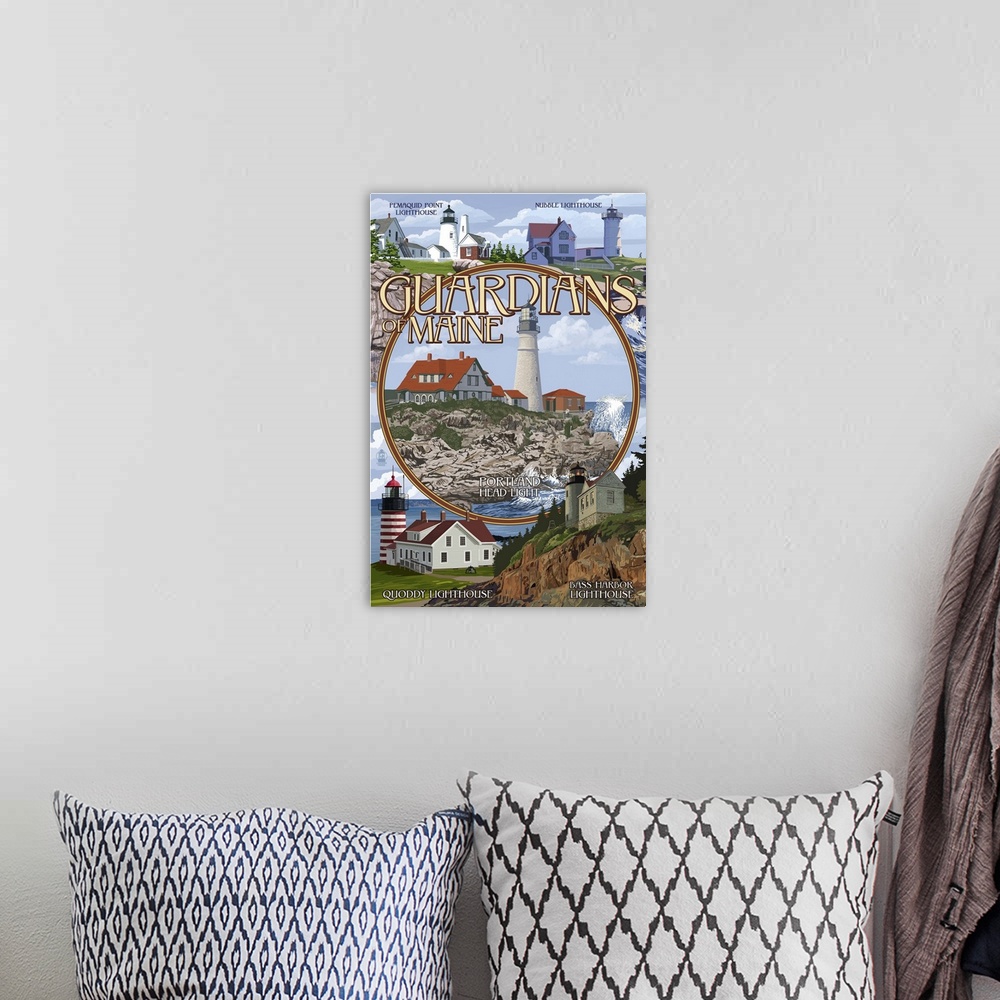 A bohemian room featuring Guardians of Maine (Portland Head Lighthouse Center): Retro Travel Poster