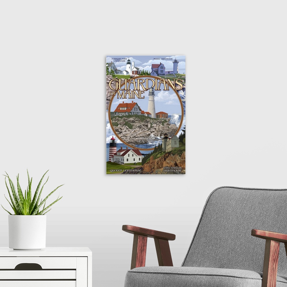 A modern room featuring Guardians of Maine (Portland Head Lighthouse Center): Retro Travel Poster