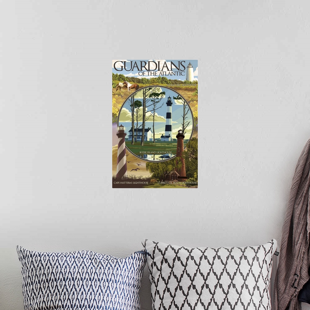 A bohemian room featuring Guardians of the Atlantic Lighthouses - Outer Banks, North Carolina: Retro Travel Poster