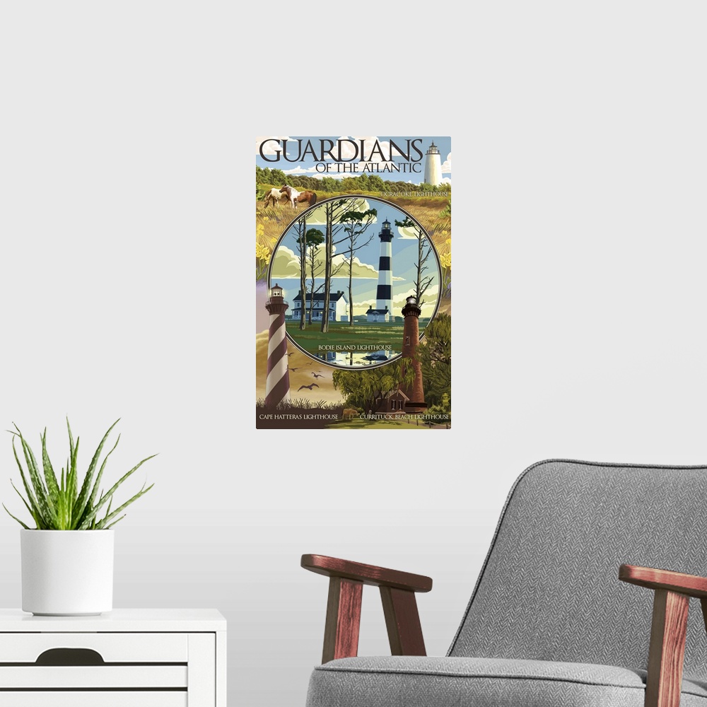 A modern room featuring Guardians of the Atlantic Lighthouses - Outer Banks, North Carolina: Retro Travel Poster