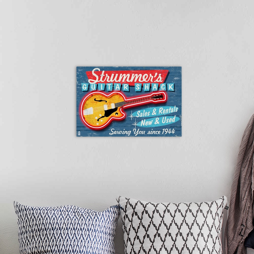 A bohemian room featuring Guitar Shop, Vintage Sign
