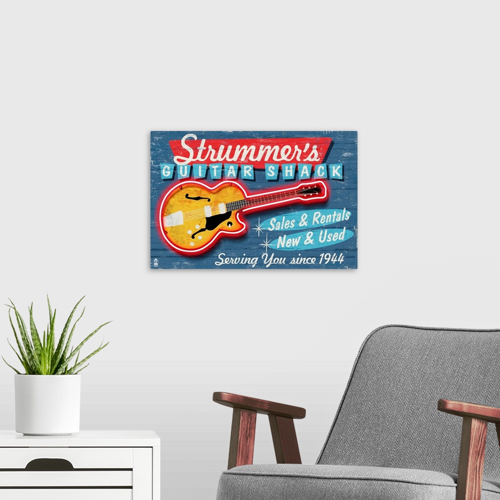 A modern room featuring Guitar Shop, Vintage Sign