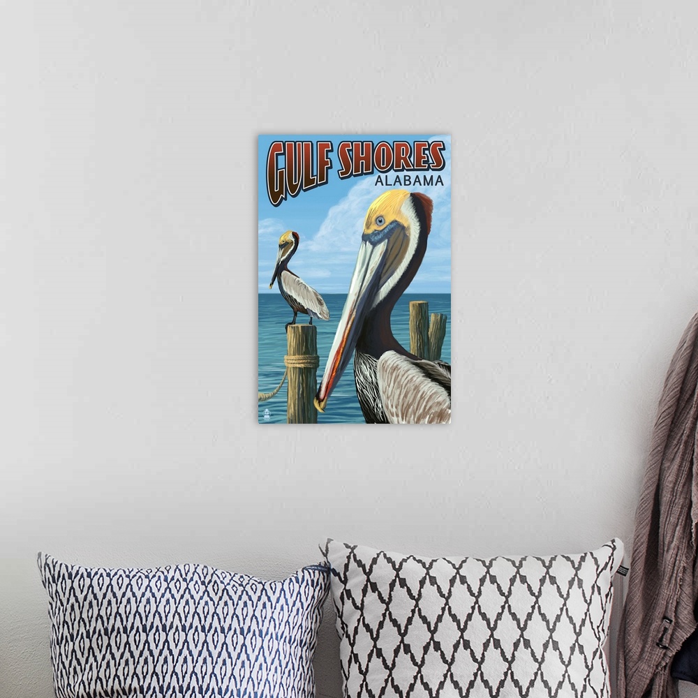 A bohemian room featuring Gulf Shores, Alabama - Brown Pelican: Retro Travel Poster
