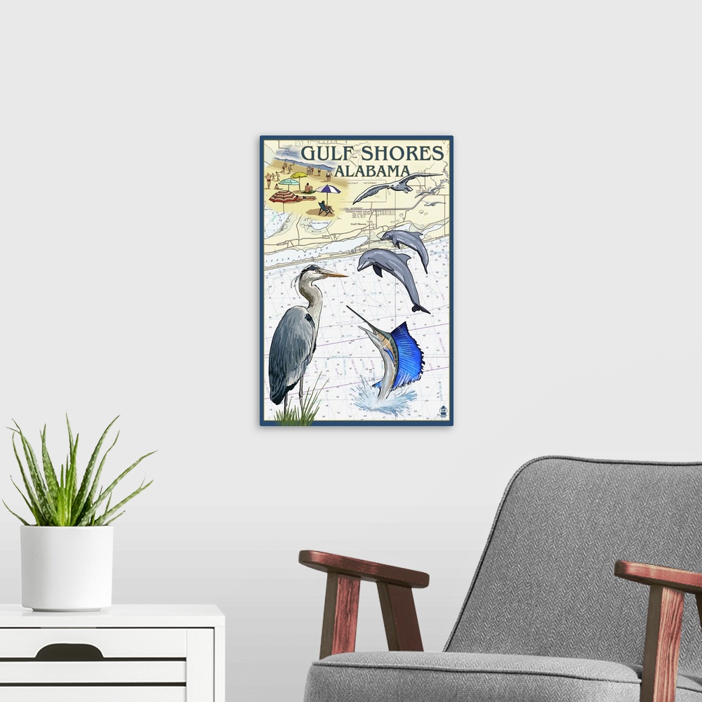 A modern room featuring Gulf Shores, Alabama - Nautical Chart: Retro Travel Poster