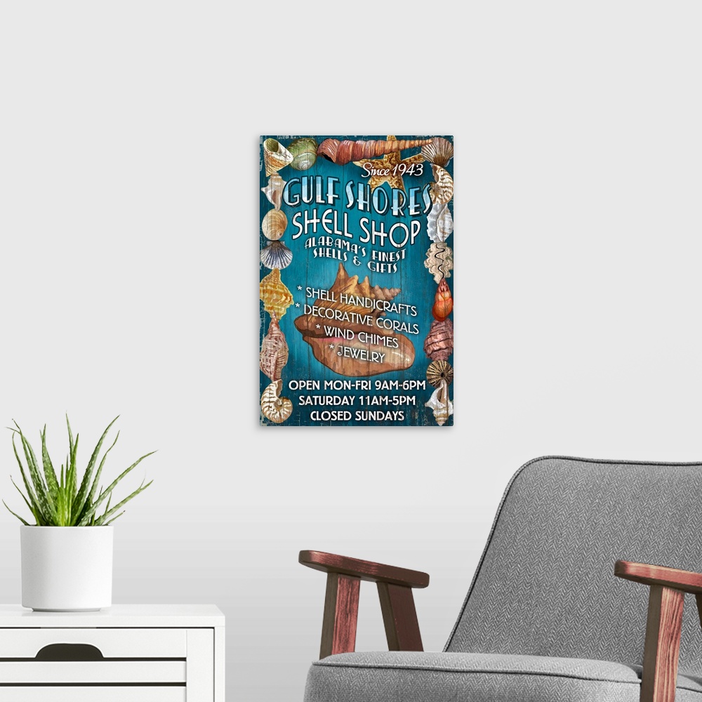 A modern room featuring Retro stylized art poster advertising a local gift shop specializing in sea shells.